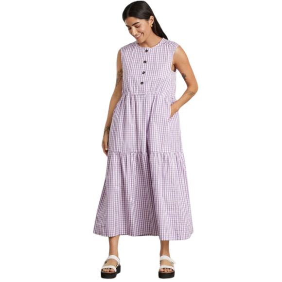 EVERLANE The Tiered Sleeveless Button Down Midi Dress Orchid Gingham-Size XXS - Picture 1 of 10
